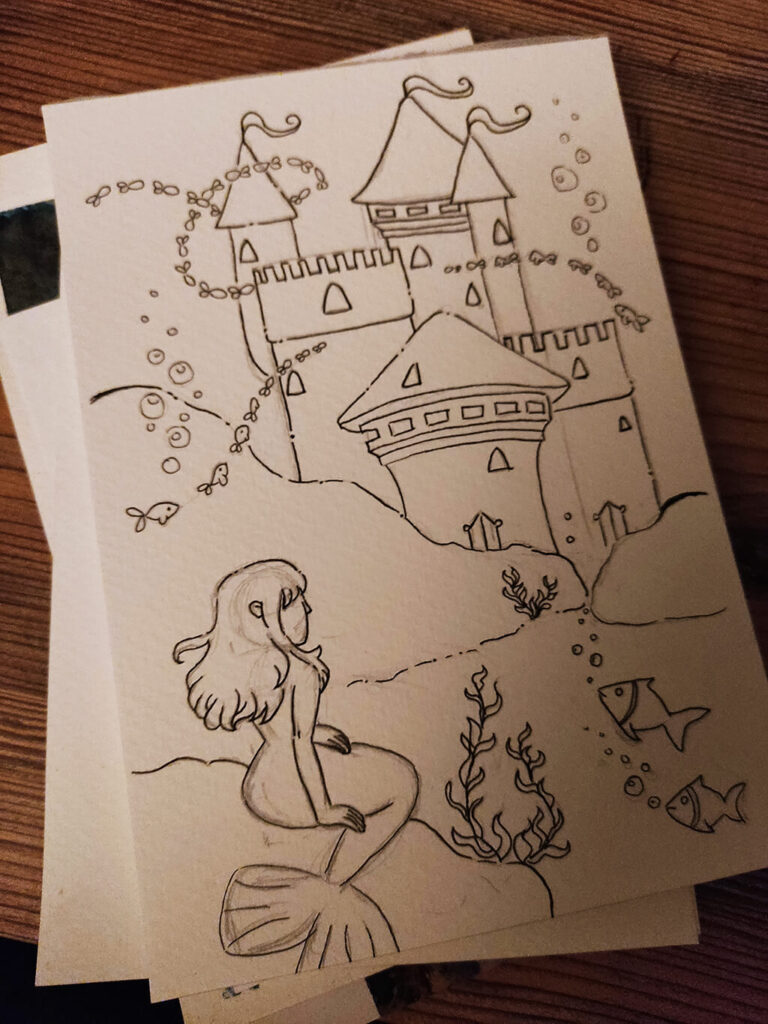Skizze mit Outlines für ein Aquarellbild zum Thema Mermay 2025